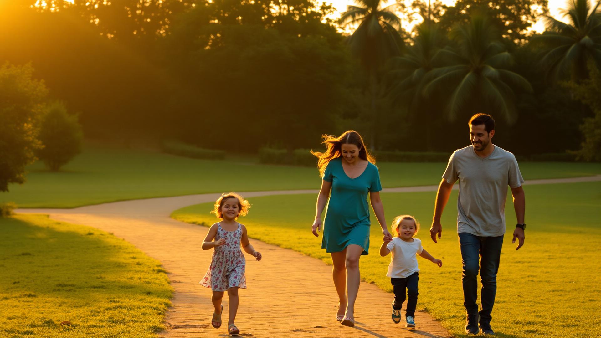 Família protegida ao pôr do sol